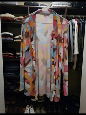 SHEIN Multicolor Abstract Print Sheer Swim Coverup - Pink, Blue, Brown, Yellow
